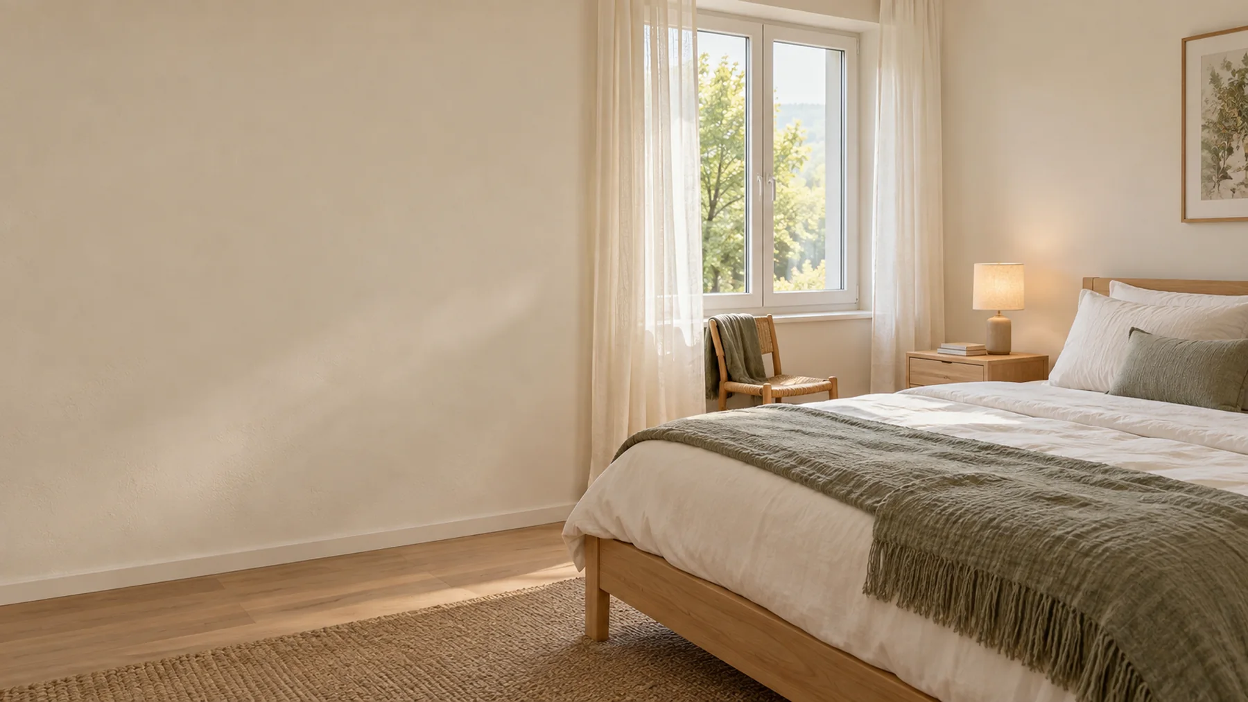 Ruhiges Gästezimmer mit einem Bett und Blick ins Grüne; illustratives Motiv